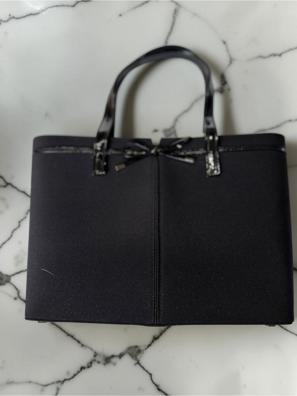 Stuart Weitzman Black Satin Structured Tote Rhinestone Bow Evening Bag